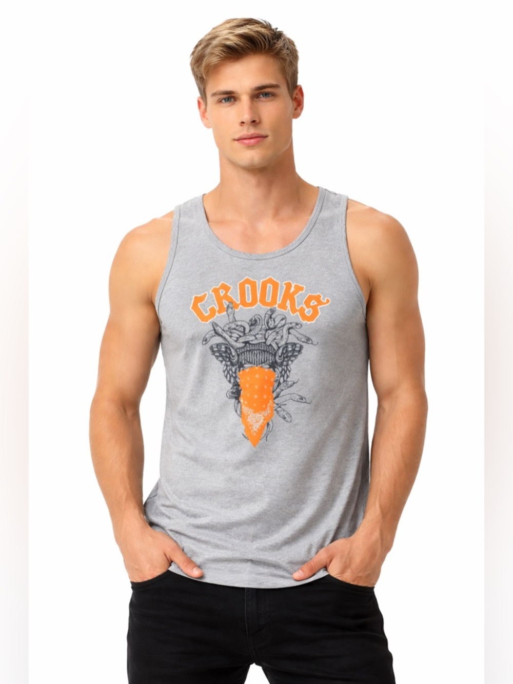 Crooks & Castles Grey Tank Top Orange Bandanna Sleeveless Shirt Adult Small